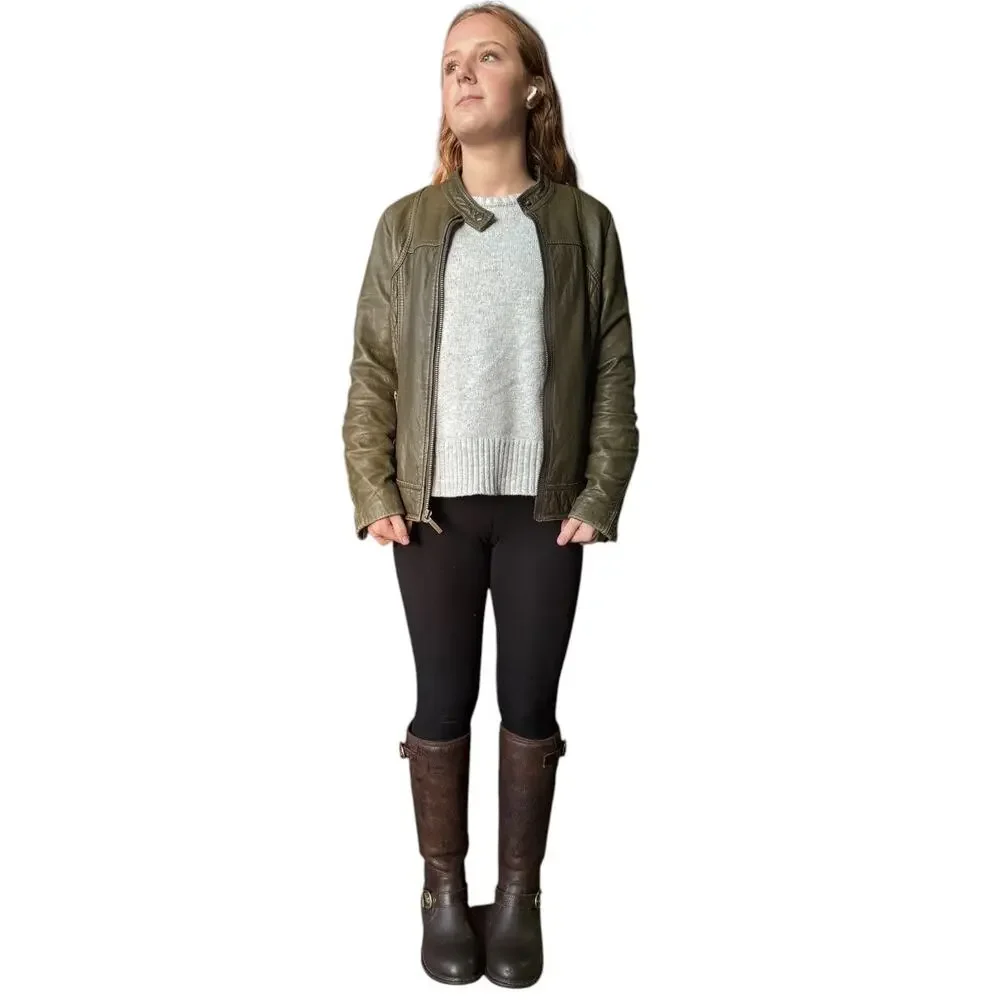 Michael Kors Green Leather Quilted Moto Jacket Small